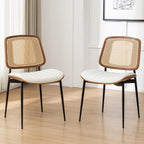 Rattan Dining Room Chairs Set of 2, Mid Century Modern Kitchen Ktichen Chairs,Faux Leather Walnut Wood Finish Side Chair, Metal Legs Desk Chair with Rattan Backrest,White