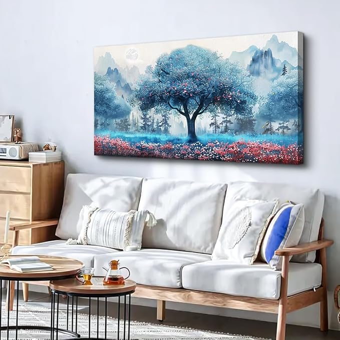 MHARTK66 Blue Tree Landscape Wall Paintings Large Wall Art For Bedroom Canvas Wall Decor For Living Room Office Decorations Farmhouse Pictures Artwork Ready To Hang Posters Home Decor 60"X30"