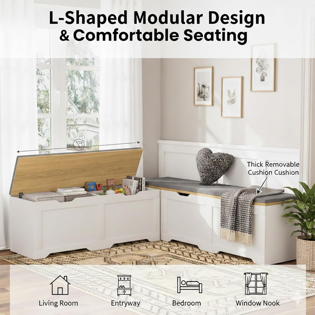 L-Shape Storage Bench with Cushion, 3-Pcs Large Capacity Entryway Chest Corner Seating Bench, Modern Modular Organizer Box for Kitchen, Living Room, Dining Room, Bedroom (White & Wood)
