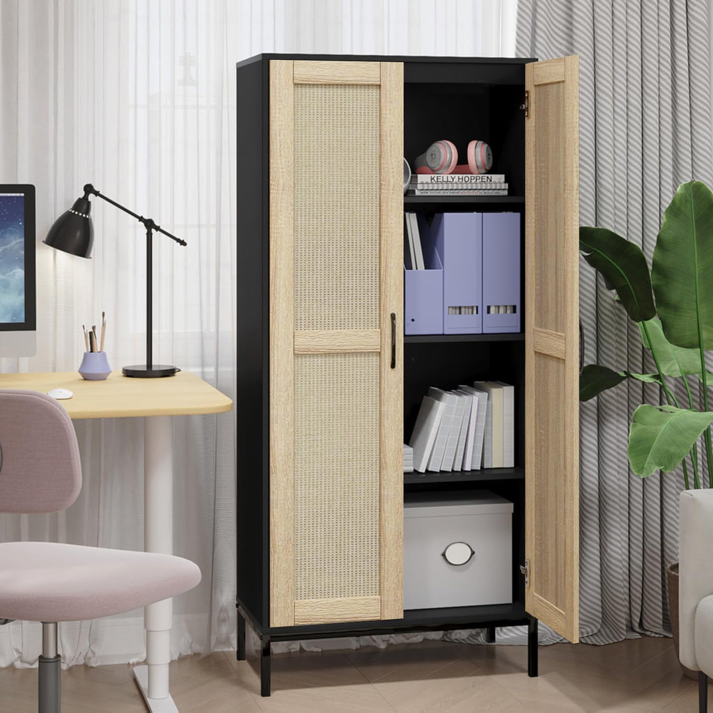 60" Tall Kitchen Pantry with 2 Rattan Doors and 3 Adjustable Shelves,Freestanding Cupboard Storage Cabinet for Kitchen, Laundry Room, Dinning Room and Living Room,Black