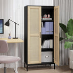 60" Tall Kitchen Pantry with 2 Rattan Doors and 3 Adjustable Shelves,Freestanding Cupboard Storage Cabinet for Kitchen, Laundry Room, Dinning Room and Living Room,Black