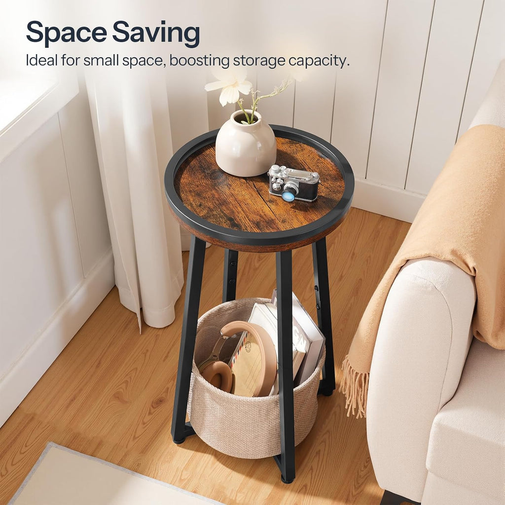 HOOBRO Small Round Side Tables, Set of 2, 2-Tier Round Sofa End Tables, Compact Nightstands with Cotton Linen Storage Basket, for Small Space, Living Room, Bedroom, Dorm, Rustic Brown BF183BZP201