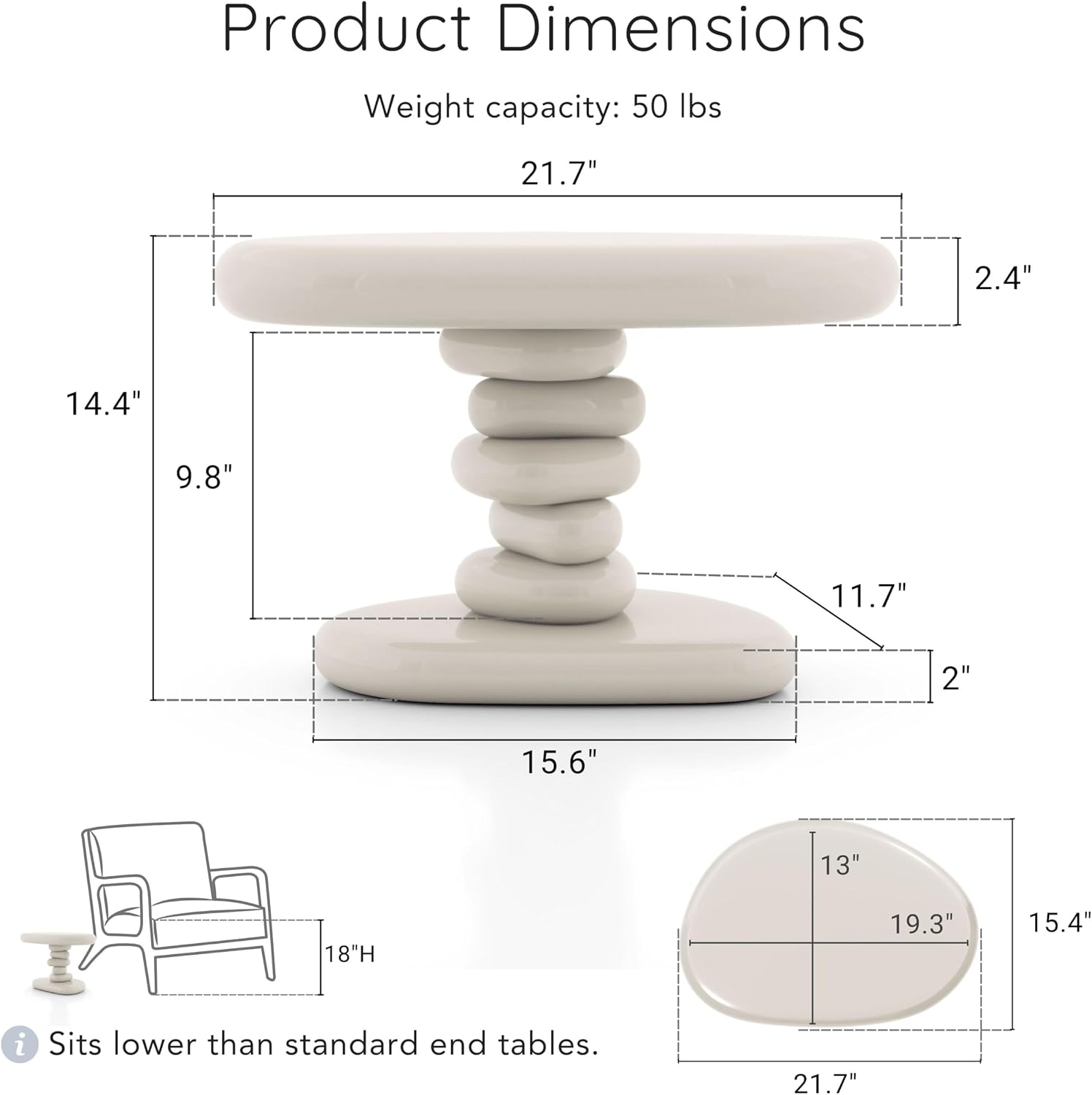 24/7 Shop at Home Kavren Modern 22-inch Oval Glossy Pedestal End Table, Stone Shape Living Room Furniture for Small Space, Ivory