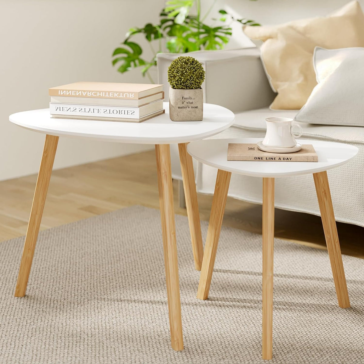 BAMEOS Bamboo Nesting Triangle End Table,Set of 2 Side Table Modern Minimalist Coffee Table for Living Room, Balcony in White