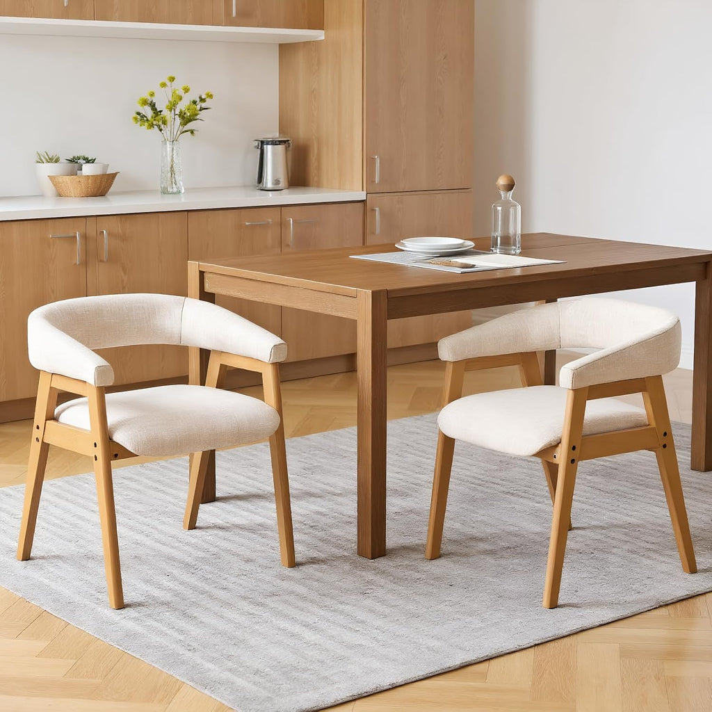 RIVOVA Modern Round Dining Chairs with Open Curved Back Set of 2, Linen Fabric Upholstered Kitchen & Dining Room Chairs, Farmhouse Wooden Barrel Kitchen Side Chairs with Arm, Beige, Natural