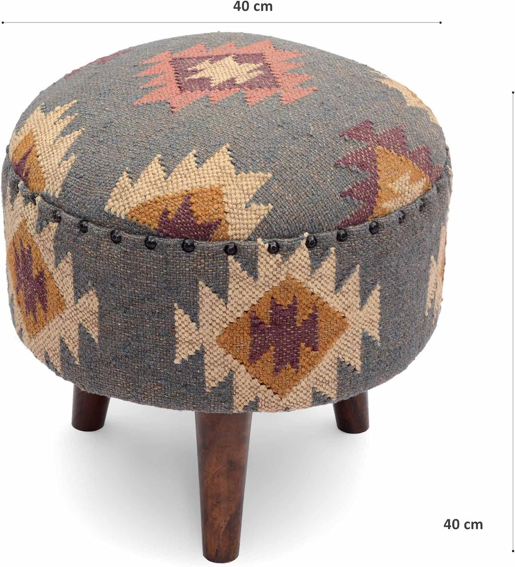 Handmade Kilim Jute Pouf Ottoman Stool | Round Upholstered Seating with Acacia Wood Base | Decorative Foot Rest for Living Room, Bedroom, Hallway, Office & Lounge (Grey)