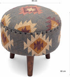 Handmade Kilim Jute Pouf Ottoman Stool | Round Upholstered Seating with Acacia Wood Base | Decorative Foot Rest for Living Room, Bedroom, Hallway, Office & Lounge (Grey)