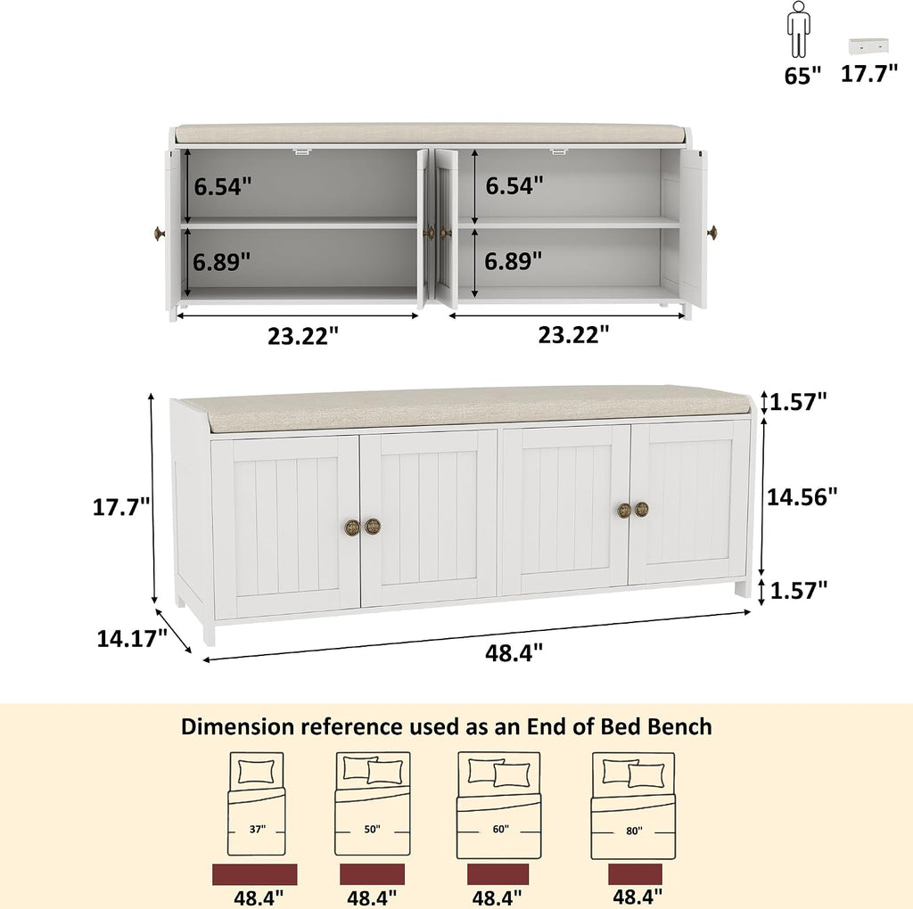 HOMEFORT 48.4" Shoe Storage Bench with Cushion, Entryway Bench with Paddded Seat, 2-Tier Shoe Cabinet Bench with Adjustable Shelves and 4 Doors, Wooden End of Bed Bench, for Bedroom, Hallway, White