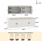 HOMEFORT 48.4" Shoe Storage Bench with Cushion, Entryway Bench with Paddded Seat, 2-Tier Shoe Cabinet Bench with Adjustable Shelves and 4 Doors, Wooden End of Bed Bench, for Bedroom, Hallway, White