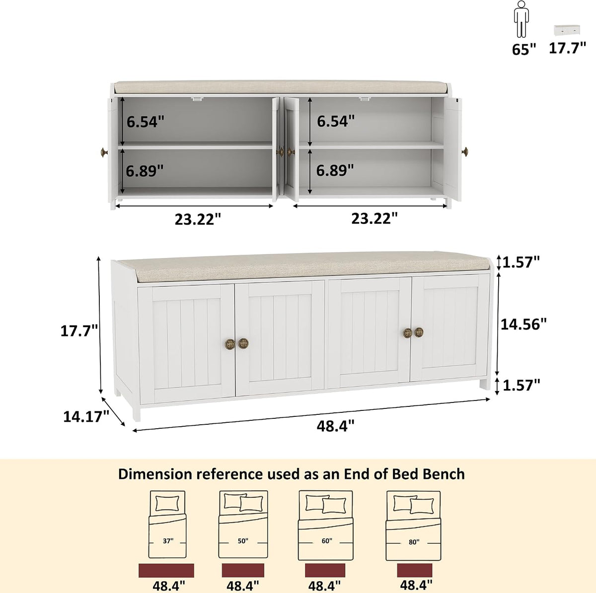 HOMEFORT 48.4" Shoe Storage Bench with Cushion, Entryway Bench with Paddded Seat, 2-Tier Shoe Cabinet Bench with Adjustable Shelves and 4 Doors, Wooden End of Bed Bench, for Bedroom, Hallway, White