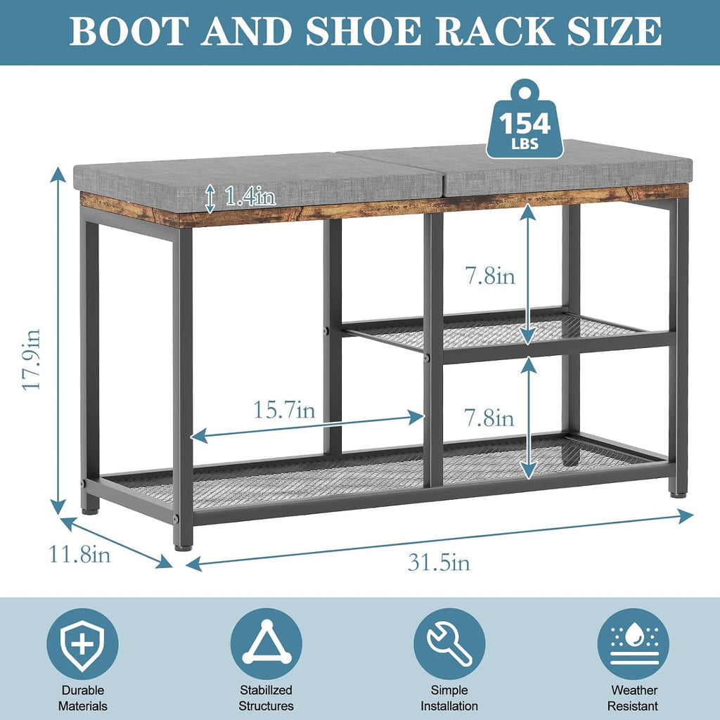 Shoe Rack for Entryway, Freestanding Hidden Shoe Storage Organizer, Boot Shoe Bench Shelves for High Heels with Seat cushion, Narrow Wood Shoe Rack for Entrance Closet, Hallway, 3 Tier (Gray+Black)
