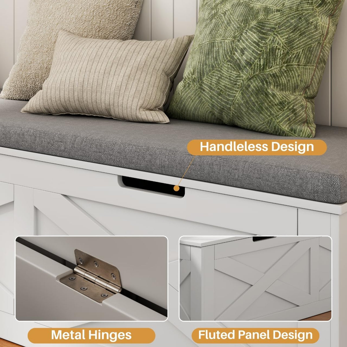 Mekminop Kitchen Breakfast Nook Bench with Cushions, L Shape Corner Storage Bench, Wood Flip-Top Dining Benches with Hidden Storage, for Reading Nook, Entryway, Cloakroom, White + Grey