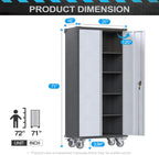 Rolling Garage Storage Cabinet with Locking Door and Shelves, 71''H Lockable Metal Storage Cabinet on Wheels, Steel Tool Cabinet for Warehouse, Basement, Utility Room, Black&Gray