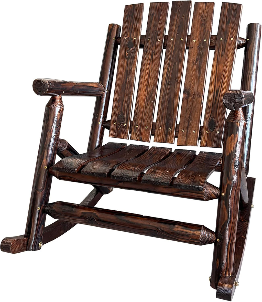 Rustic Log Wooden Rocking Chair, Handcrafted Solid Fir Wood Outdoor Rocker for Porch, Patio, Heavy-Duty 700 LBS, Weather-Resistant Finish, Natural Charm (Deep Brown)