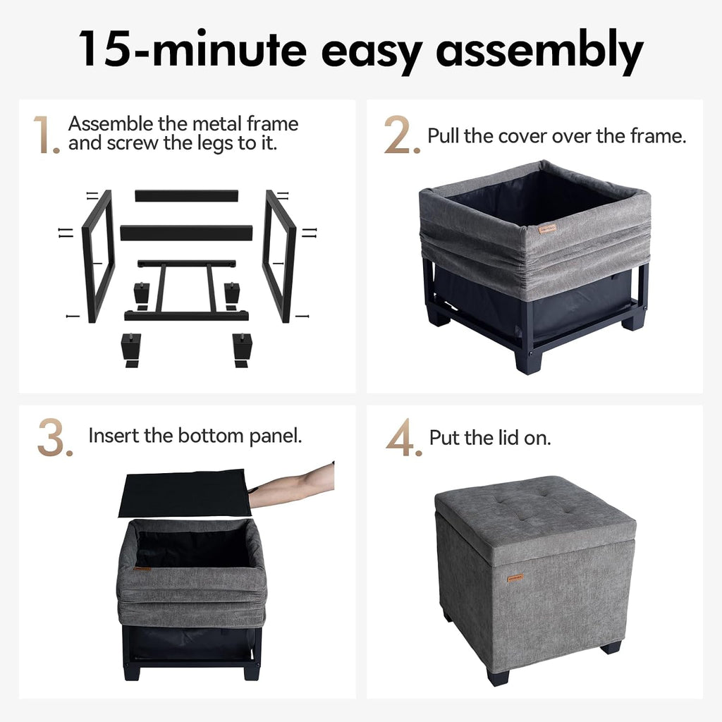ABHENG Steel Frame Square Ottoman with Storage Gray UASND641G | 17.7" x 17.7" x 17.7", Hold 660 lbs, 48L Storage Capacity, Breathalbe Chenille, Removable Lid, for Dorm Living Room