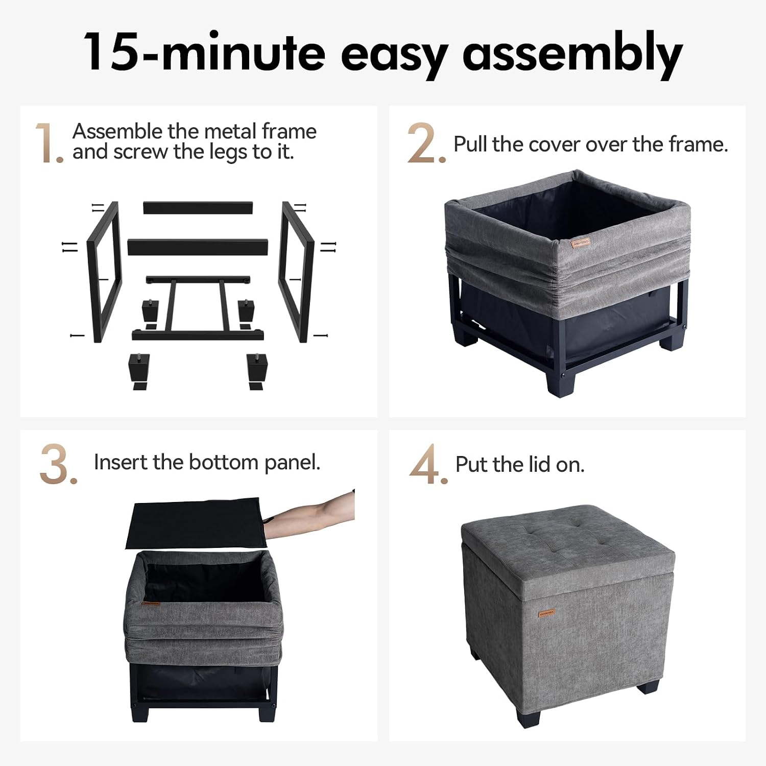 ABHENG Steel Frame Square Ottoman with Storage Gray UASND641G | 17.7" x 17.7" x 17.7", Hold 660 lbs, 48L Storage Capacity, Breathalbe Chenille, Removable Lid, for Dorm Living Room