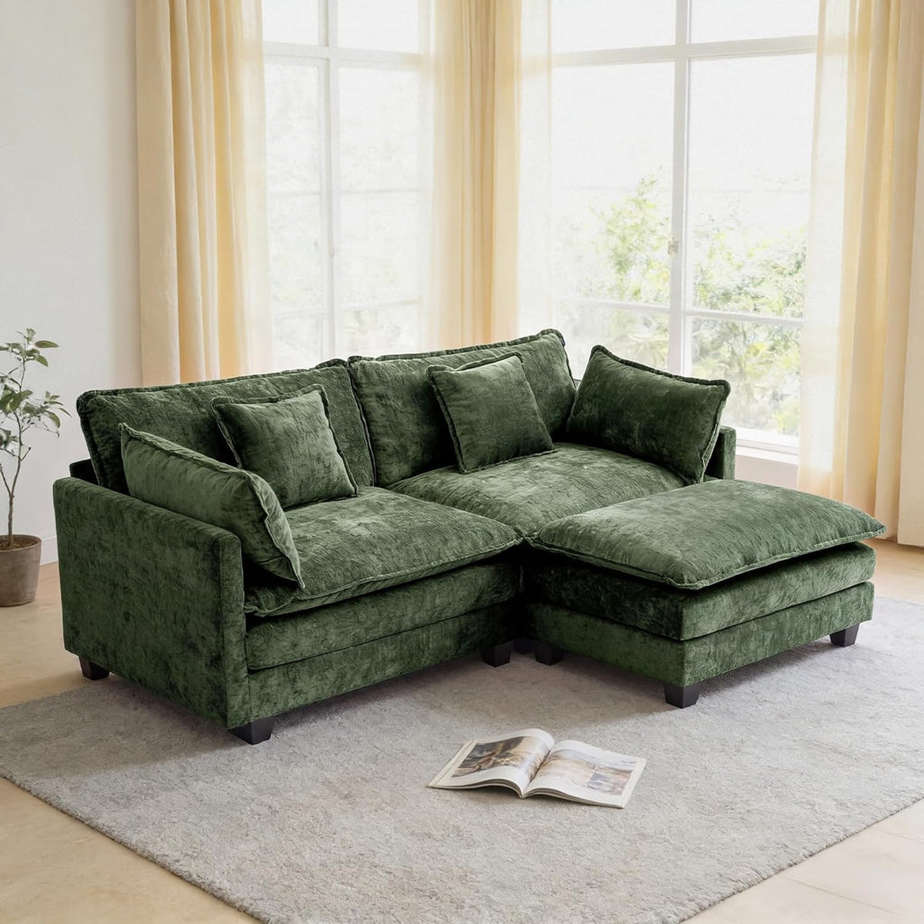 Redlife 78" Modular Sectional Loveseat Sofa with Ottoman | 2-Seater Chenille Couch Set with Spring & Double Foam Cushion System, Removable Covers, Easy To Assembly, Green