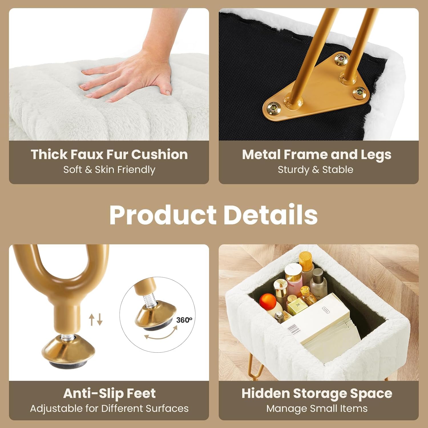 DUMOS Vanity Stool Chair Ottoman with Storage, Makeup Cute Soft Small Footstool Modern Style Faux Fur Seat with 4 Metal Legs & Adjustable Feet for Dressing Living Room Bedroom Dorm