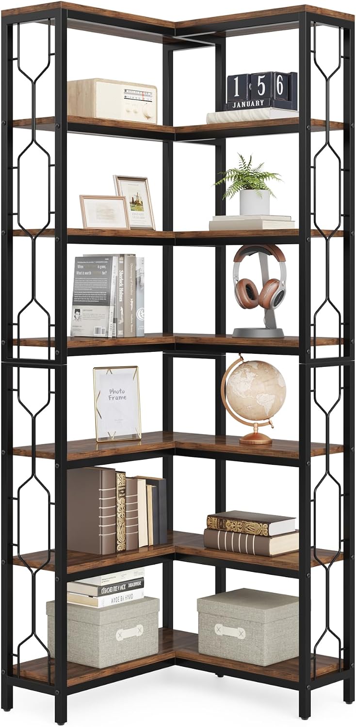 Tribesigns Corner Shelf, 7-Tier Industrial Corner Bookshelf and Bookcase | Freestanding Display Shelf for Living Room, Wood and Metal Corner Book Shelves, Corner Bookcase for Home Office, Rustic Brown