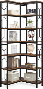Tribesigns Corner Shelf, 7-Tier Industrial Corner Bookshelf and Bookcase | Freestanding Display Shelf for Living Room, Wood and Metal Corner Book Shelves, Corner Bookcase for Home Office, Rustic Brown