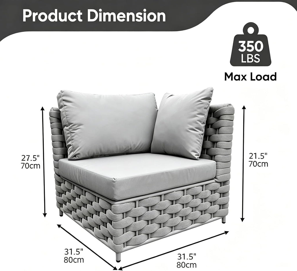 TWT Khaki Gray Left Arm Outdoor Patio Sofa, Modular Woven Rope Sectional Chair with Water-Resistant Cushion & Rust-Proof Frame, for Backyard Balcony Deck