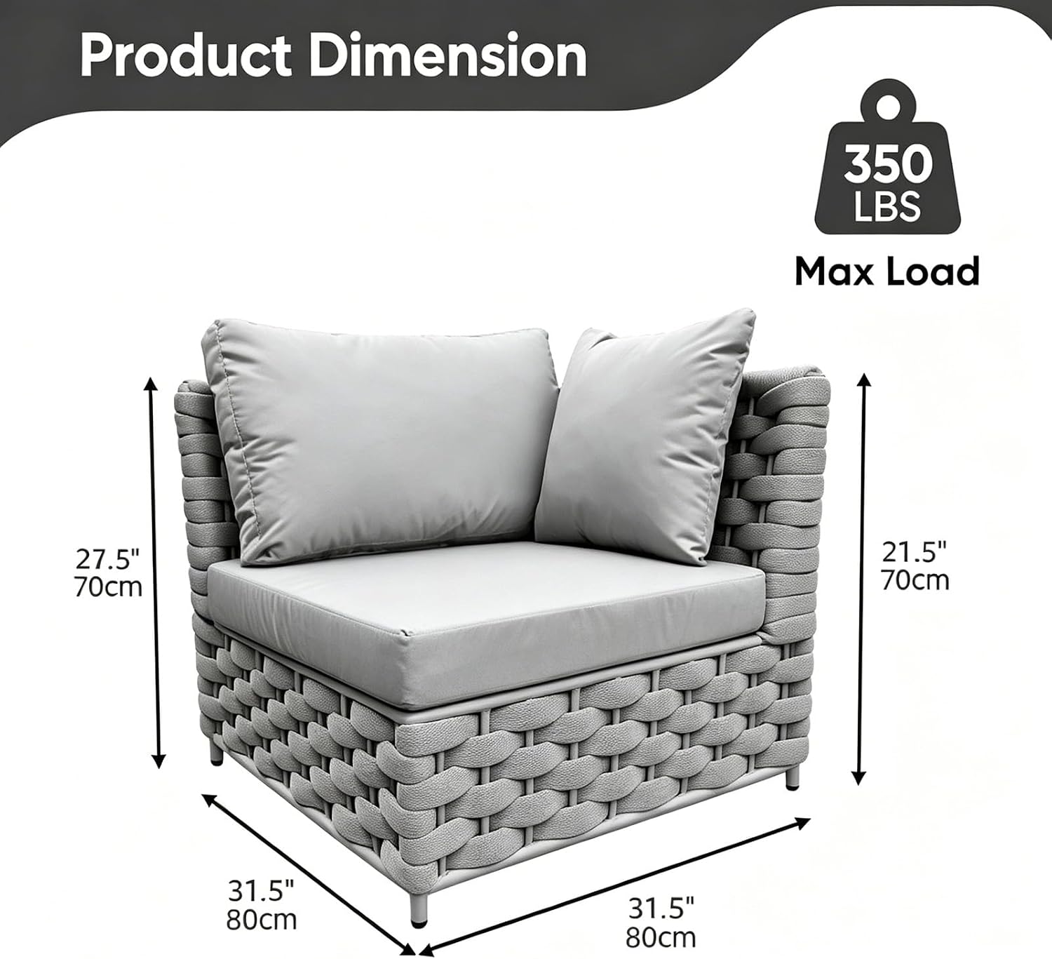 TWT Khaki Gray Left Arm Outdoor Patio Sofa, Modular Woven Rope Sectional Chair with Water-Resistant Cushion & Rust-Proof Frame, for Backyard Balcony Deck