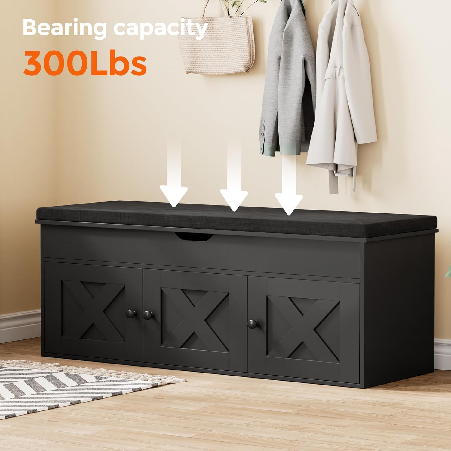 Homleke Shoe Storage Bench with Lift Top & 3 Barn Doors, Entryway Bench with Removable Cushion, Adjustable Shelf, Hidden Storage Cabinet for Hallway, Living Room, Bedroom - Black