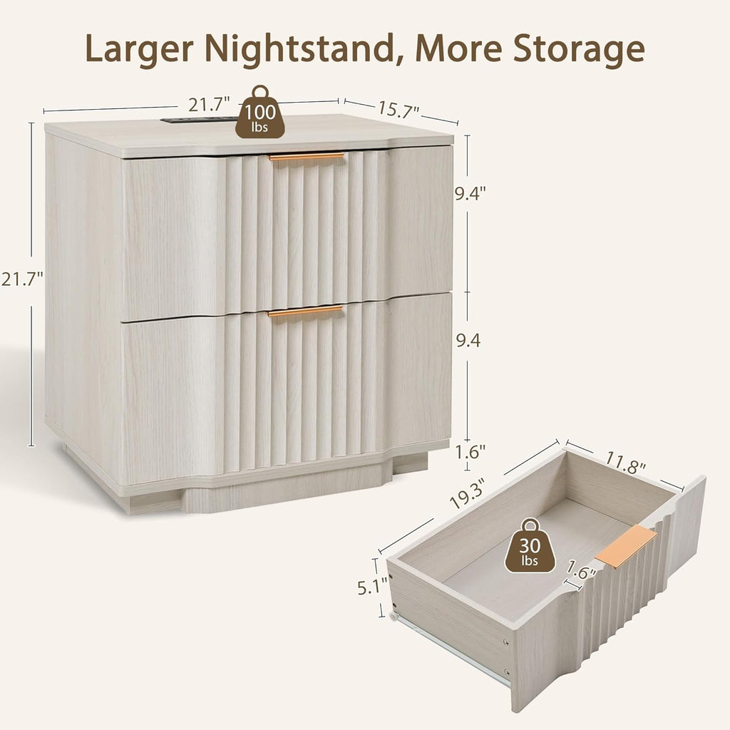 Yechen Fluted Nightstand Set of 2 with Ultra-Fast Charging Station, White | Large Drawers, FSC-Certified Wooden Board, Unique Fluted Profile, Metal Handle, Mid Century Modern Bedside Table for Bedroom