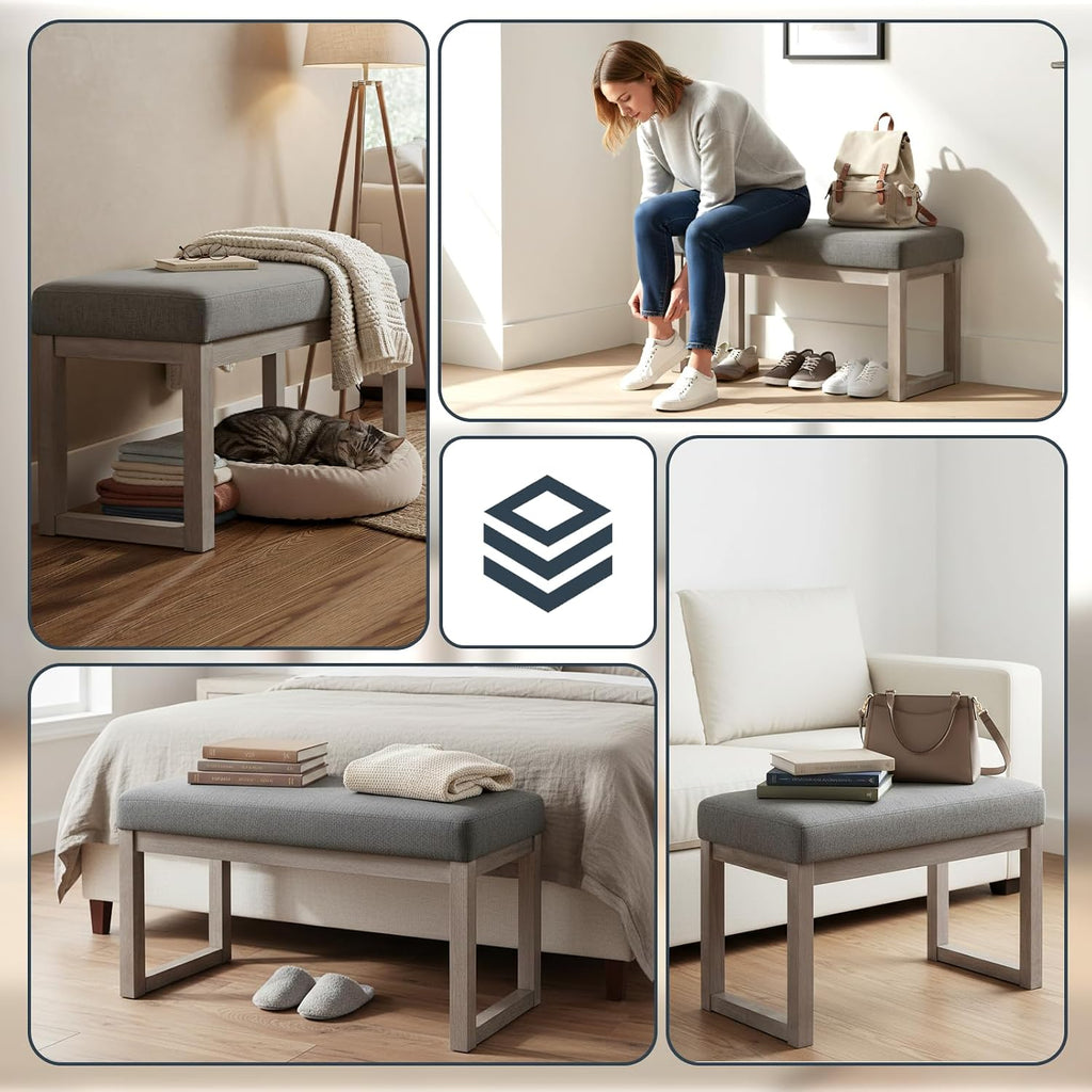 CangLong 27 Inch Wide Rectangle Ottoman Bench Grey Footstool, Linen Look Polyester Fabric for Living Room, Bedroom, Grey