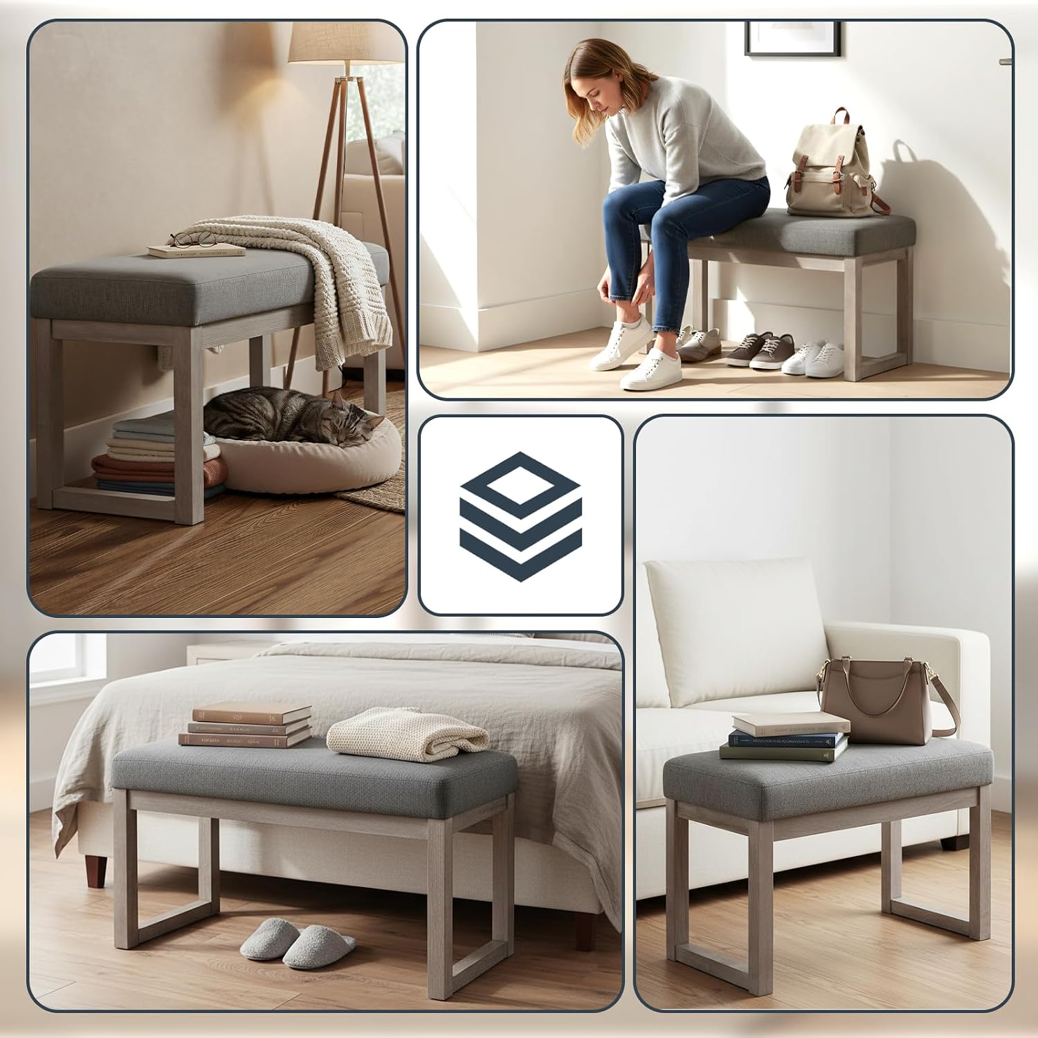 CangLong 27 Inch Wide Rectangle Ottoman Bench Grey Footstool, Linen Look Polyester Fabric for Living Room, Bedroom, Grey