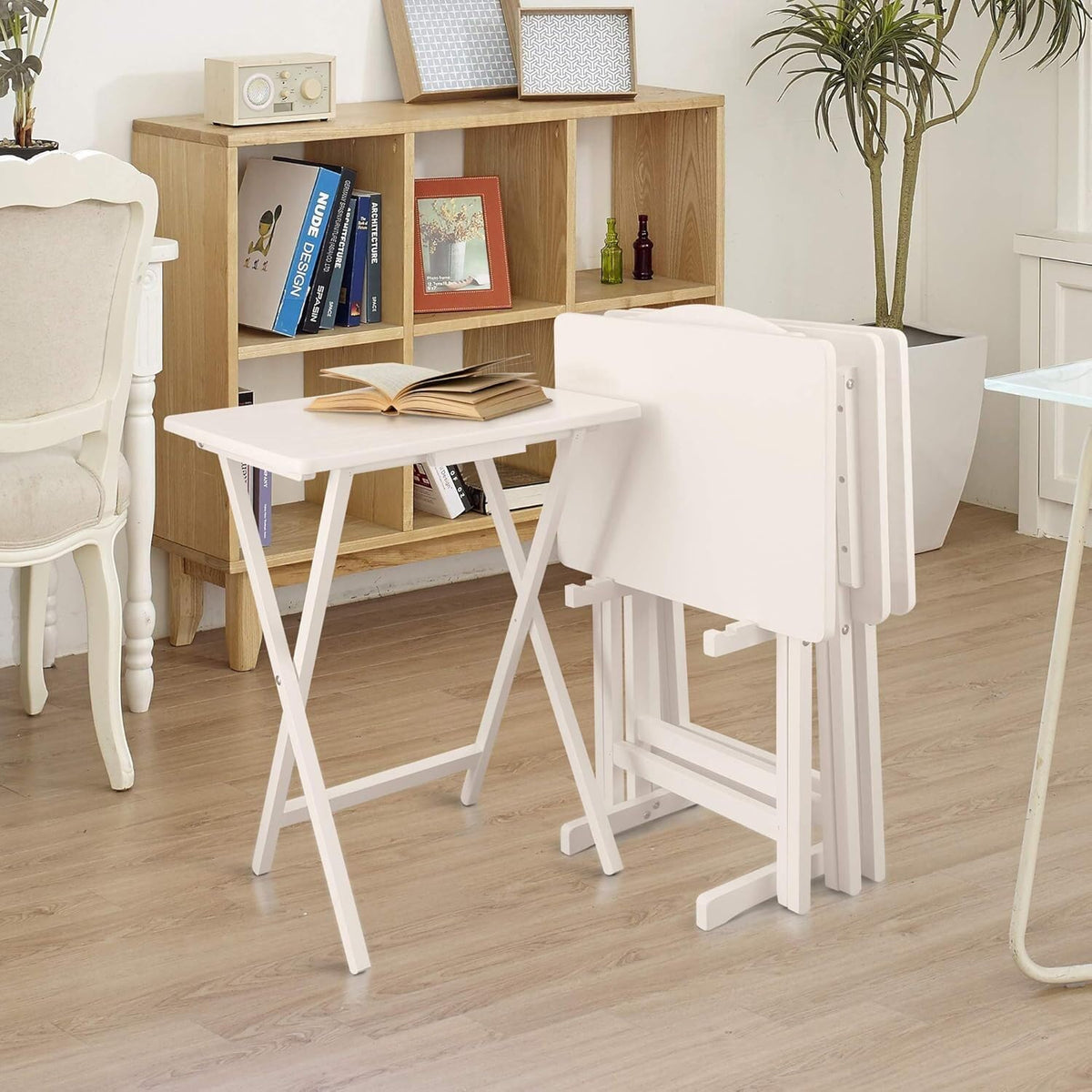 HomeStock Antique 5-Piece Solid Wood Folding Tray Table Set with Storage Stand 4 Durable TV Tables for Living Room or Snacks, 19" x 14.75" x 25.5" White
