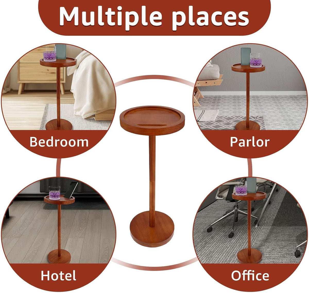Solid Wood Pedestal Side Table With Weighted Base and Phone Holder for Small Spaces - Drink Table for Living Room, Bedroom, Sofa, Couch, Chair