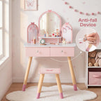 ROBOTIME Pink Kids Vanity Set with Butterfly Mirror Stool Age 3+, 39in×27in | Dress-up and makeup pretend play, butterfly mirror with stool and 2 drawers, builds confidence, birthday gift for age 3+