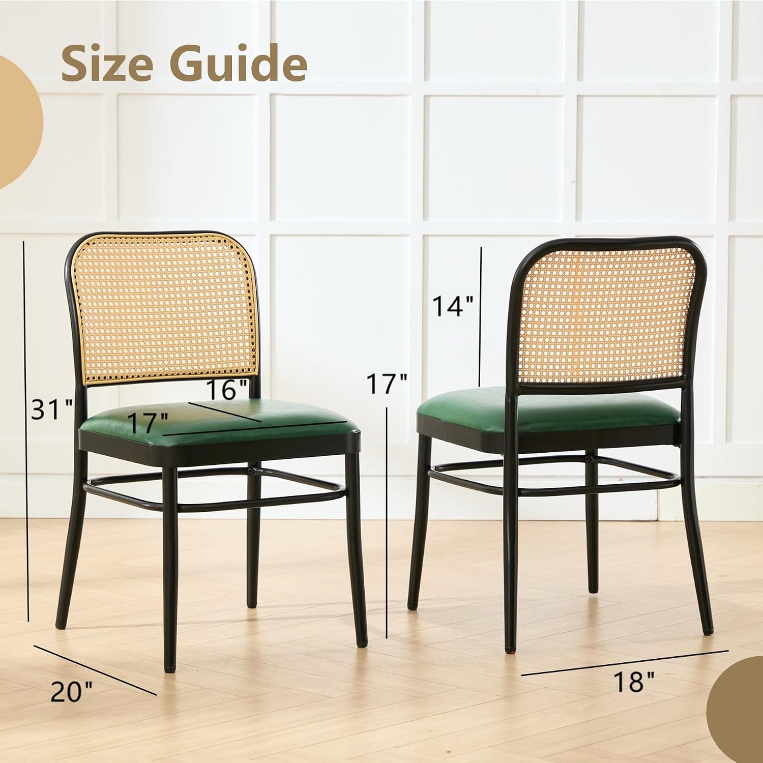 Rattan Dining Chairs Set of 4, Mid-Century Modern, Green | Cane Back Design, Faux Leather Upholstery, Boho Style, Comfortable Padded Seat, 350 LBS Weight Capacity