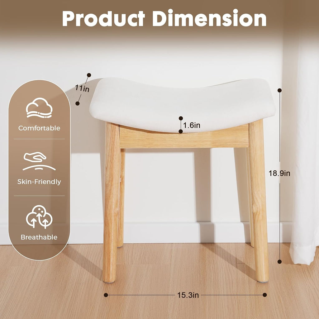 18" Small Vanity Chair Ottoman Bench Saddle Cushion Linen Beige | Soft Saddle Linen Stool, Footrest, Ottoman, Compact for Bedrooms, Living Rooms. Sturdy Esay Assembly(Classic-Beige)
