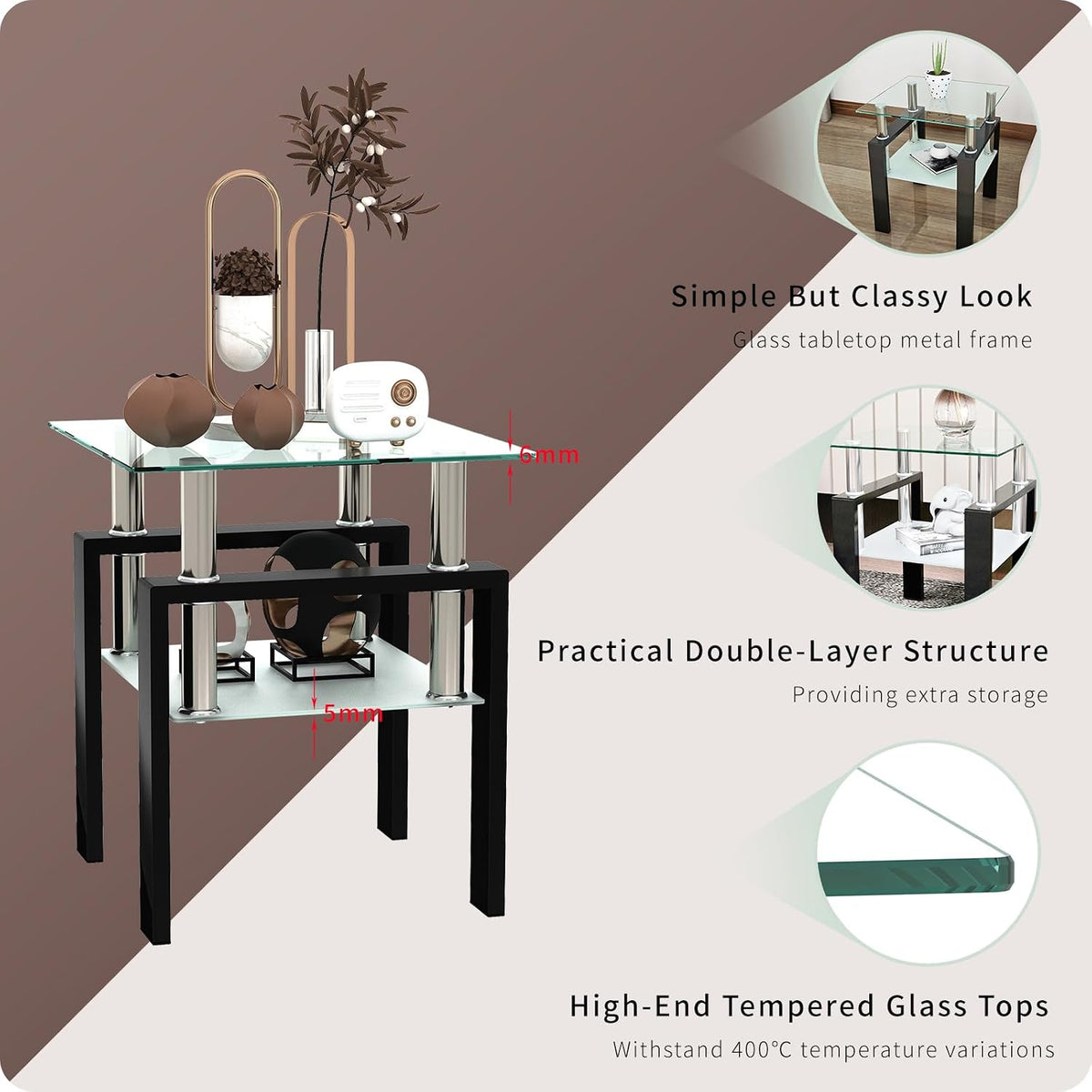 ODUSE-DAILY Glass Coffee Table - Black Metal Frame Set of 3 Living Room Table Set