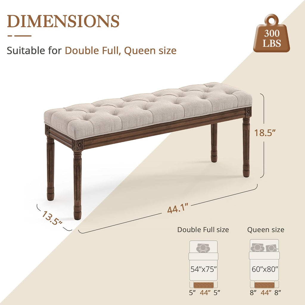 LUE BONA 44" Bedroom Bench, Fabric End of Bed Bench, Upholstered French Tufted Ottoman Bench with Carved Dark Brown Wood Legs for Bedroom End of Bed, Living Room, Linen