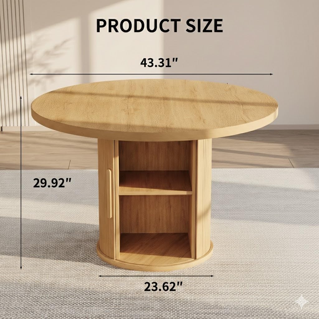 HIPIHOM Round Wooden Dining Table with Storage, 43.3” Wood Tabletop, 2-Piece Semi-Circle Design, Pedestal Base Dining Table for Kitchen & Dining Room, Natural Oak
