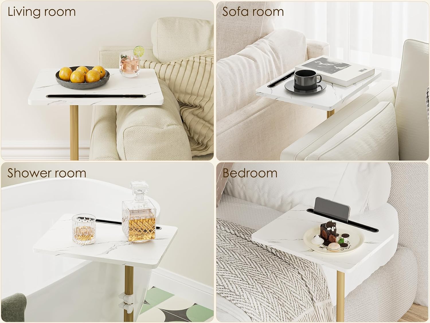 Masupu Sofa Arm Tray Table - 360° Swivel Height Adjustable End Table, Small Snack Side Table for Couch, C Shaped Table for Bed, Chair or TV Tray Table(Marble White and Gold)