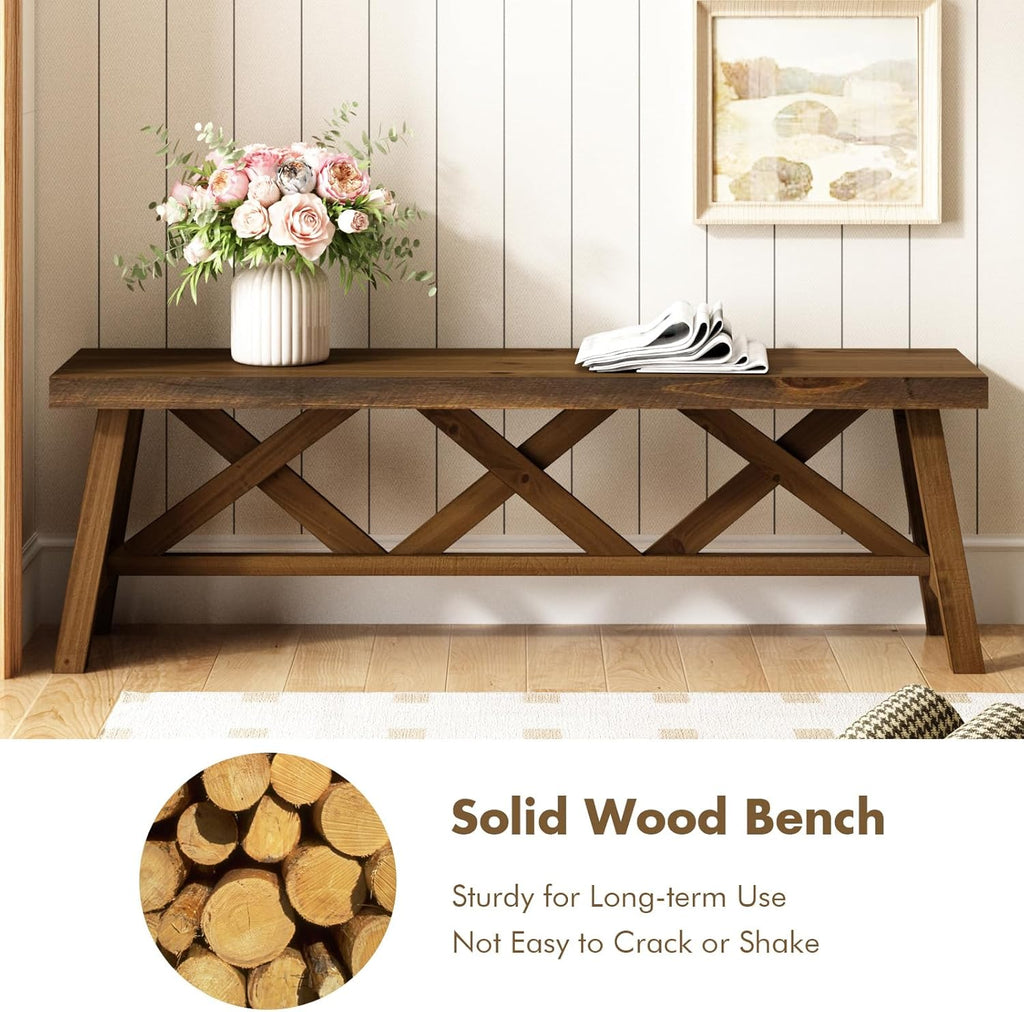 Wnutrees 54" Farmhouse Wood Bench, Rustic Solid Wood Entryway Bench Seat with Double X-Structure for Dining Area Living Room Hallway, Structural Stability, Natural
