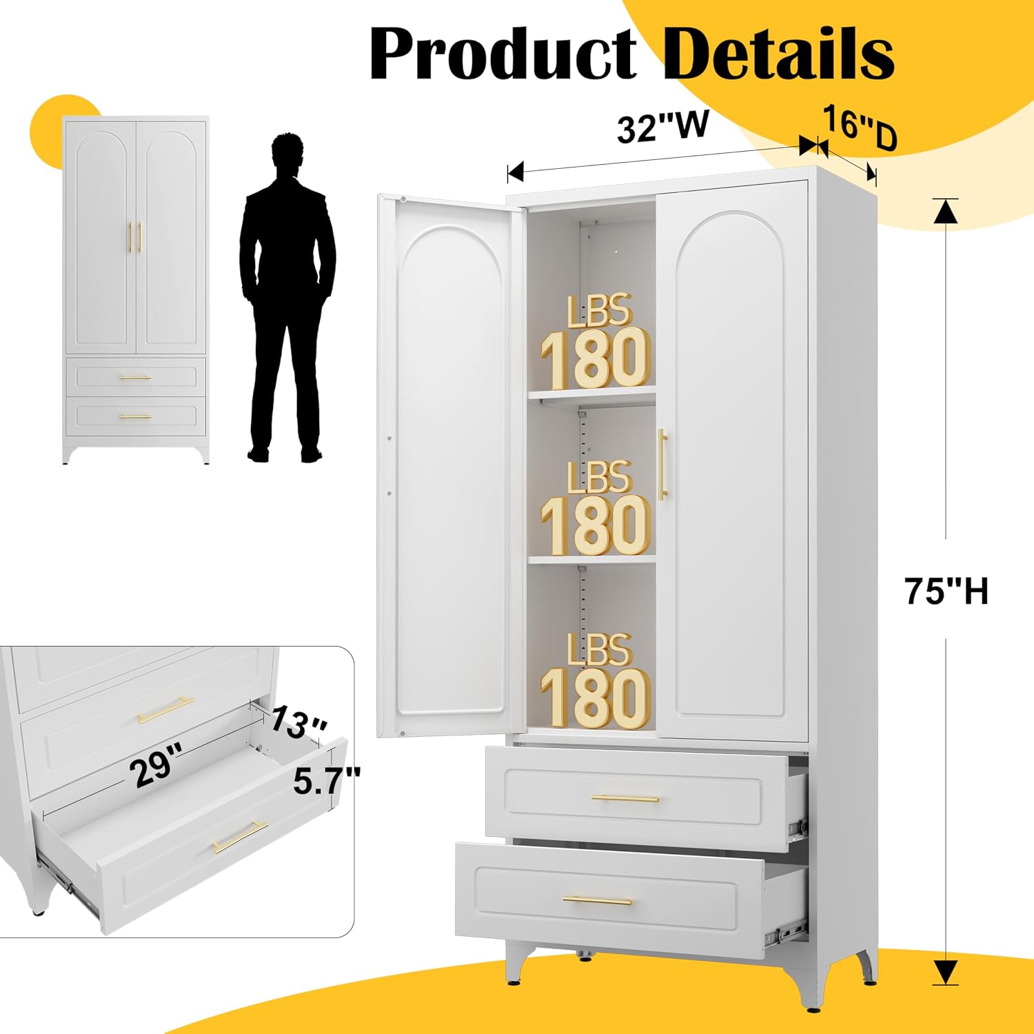 SteeLoong 75" Kitchen Pantry Cabinet,Metal Storage Cabinets with 2 Drawers,Pantry Cabinet with Doors and Shelves,White Tall Storage Cupboard for Living Room, Dining Room Office