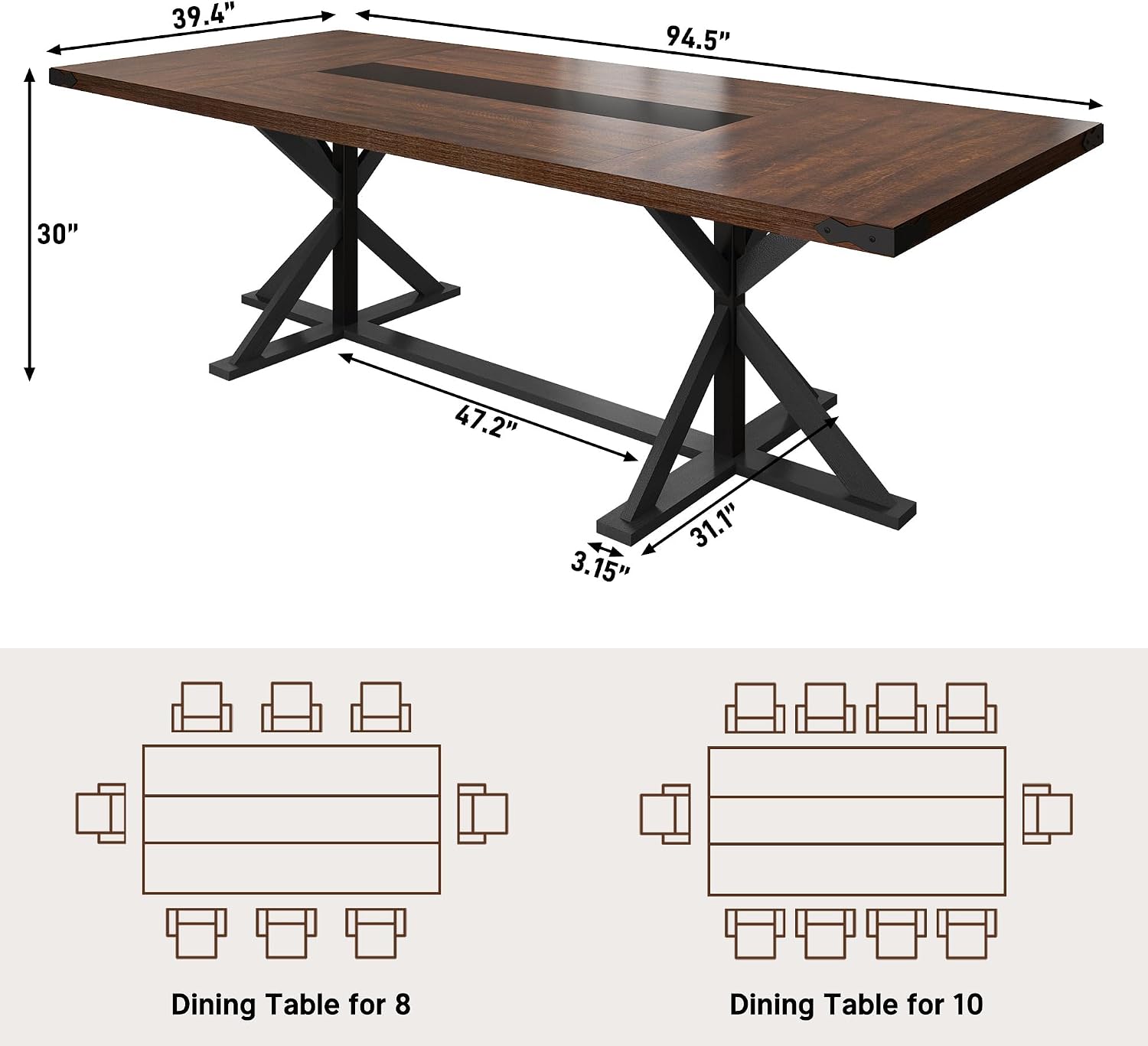 Hlivelood Dining Table for 8 10 People,Rectangular Kitchen Farmhouse Table W/Waterproof Wood Tabletop,Long Dining Room Tables W/Wood Strip Base for Kitchen Living Room(94IN BR&BK)