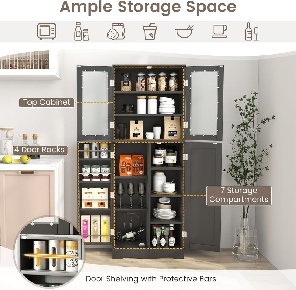 LOKO 63.5" Tall Kitchen Pantry Storage Cabinet, Freestanding Food Storage Cabinet with Glass Doors, Storage Shelves & Door Racks, Modern Cupboard for Dining Room, Living Room (Black)