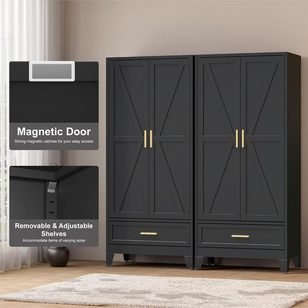 COFaR 71 Farmhouse Metal Wardrobe Closet with Hanging Rod, 2 Barn Doors, Adjustable Shelves, Steel Armoire with Drawer for Home, Bedroom Black