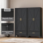 COFaR 71 Farmhouse Metal Wardrobe Closet with Hanging Rod, 2 Barn Doors, Adjustable Shelves, Steel Armoire with Drawer for Home, Bedroom Black