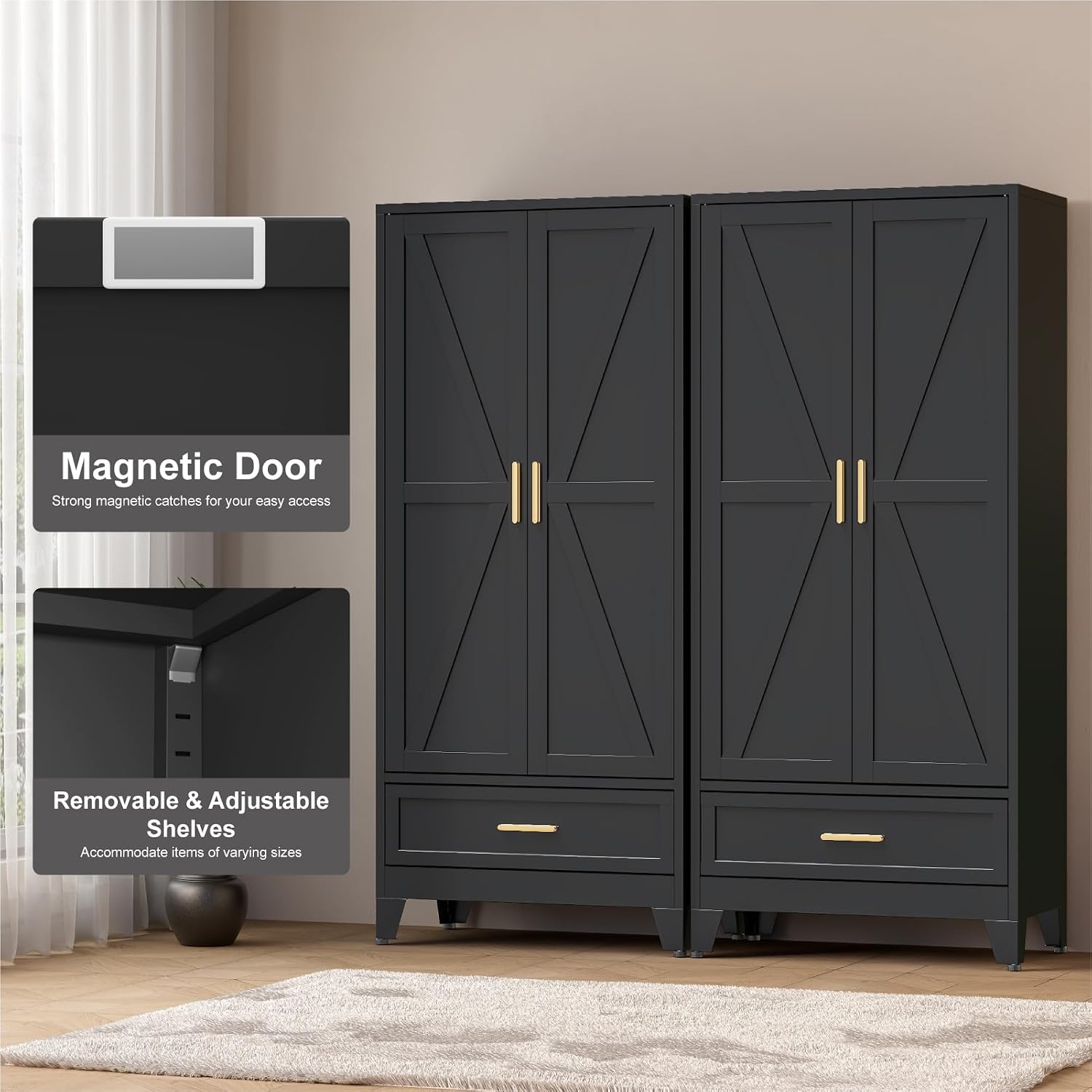 COFaR 71 Farmhouse Metal Wardrobe Closet with Hanging Rod, 2 Barn Doors, Adjustable Shelves, Steel Armoire with Drawer for Home, Bedroom Black