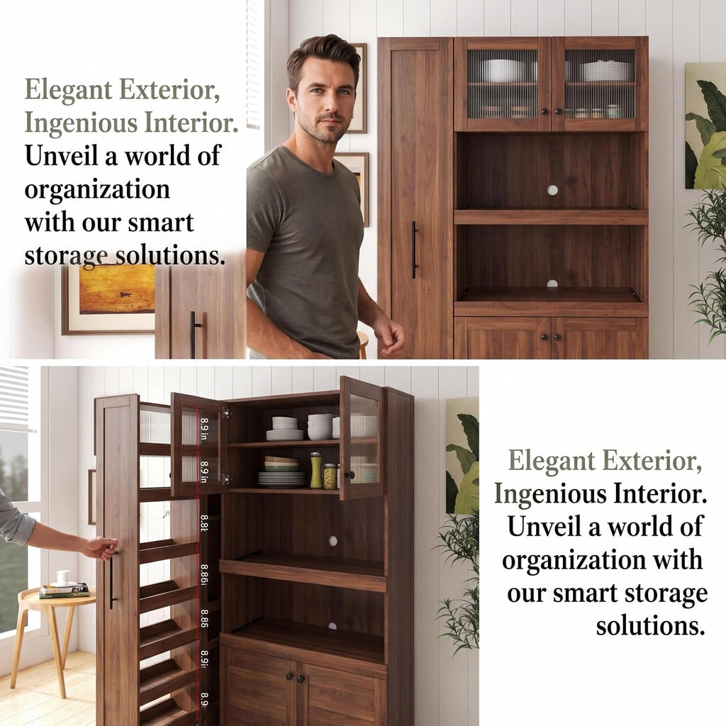 70.87" H Walnut Farmhouse Kitchen Pantry Cabinet, 4-Door Pull-Out Multi-Tier Storage Shelf, Pantry Organizer for Kitchen Dining Room