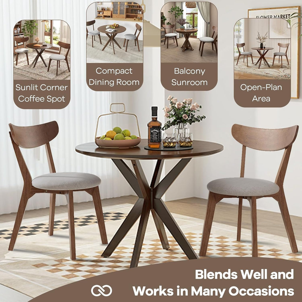 NAFORT Round Dining Table Set for 2, Mid-Century Modern Table and Chairs, Wood Kitchen Table w/Cushioned Chairs, Compact 3 Piece Dinette Set for Office, Bistro, Small Spaces, Kitchen, Restaurant