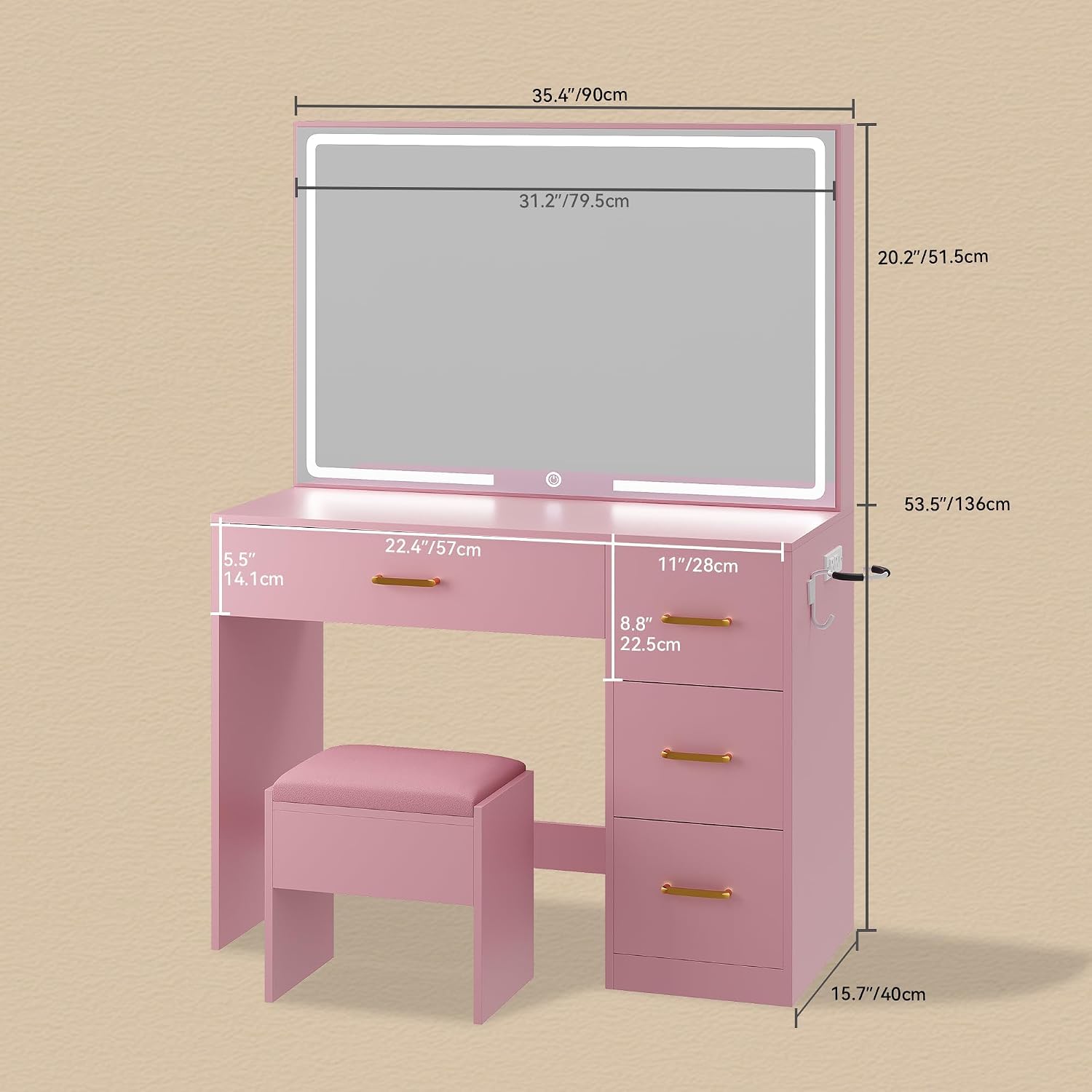 DWVO Makeup Vanity Table with 3 Light Modes | 4 Storage Drawers, Built‑in Power Outlets & Hairdryer Holder, Makeup Table with Cushioned Stool