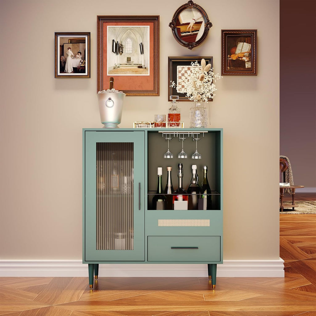 Modern Wine Bar Cabinet with Tempered Glass Door – Wine Rack, Drawers & Ample Storage – Freestanding Sideboard Buffet for Dining Room, Kitchen, or Coffee & Liquor Display – Green